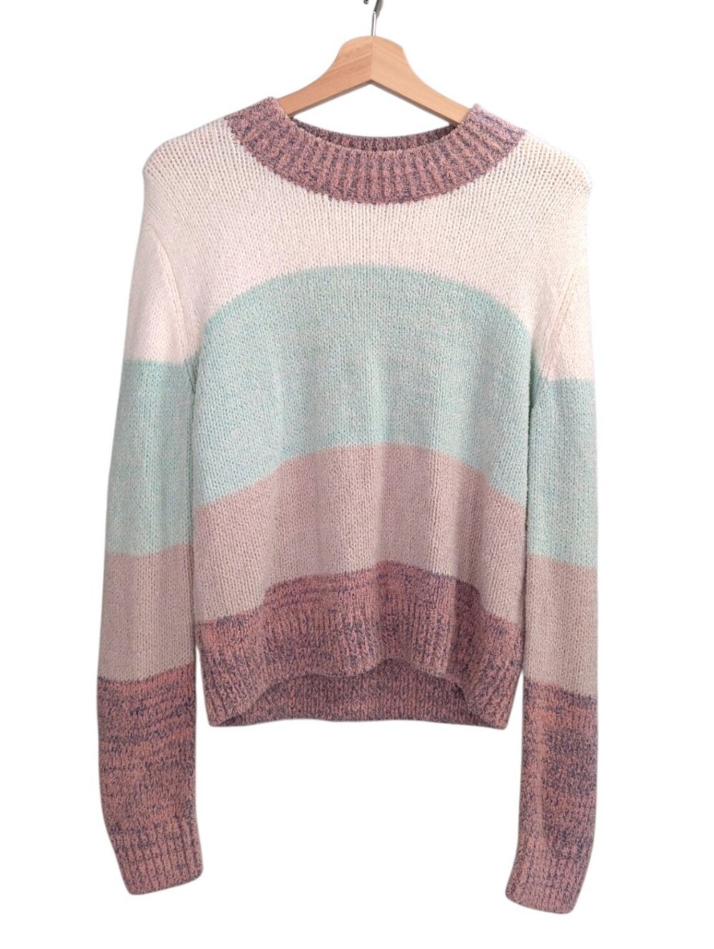 NWT One Grey Day Pastel Colorblock Striped Fuzzy Knit Sweater Coastal Pullover L